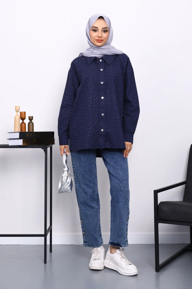 Lacivert Taşlı Gabardin Gömlek