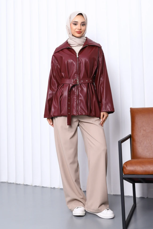 Mürdüm Kemerli Deri Trençkot
