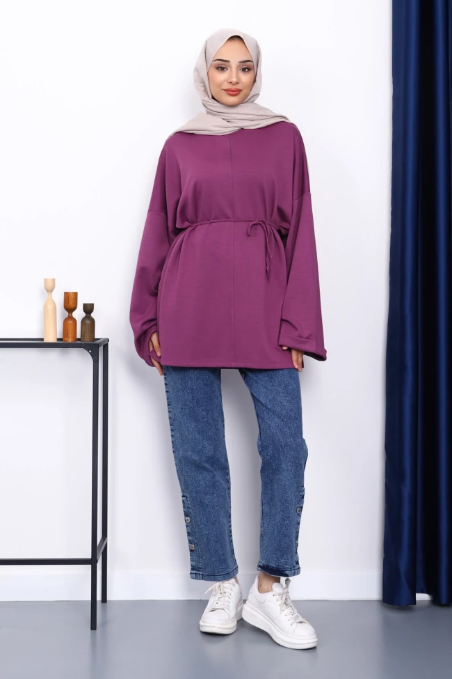 Mürdüm Yanları Yırtmaçlı Bel İpli Tunik