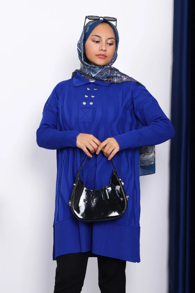 Saks Mavi Gömlek Yaka Soğık İplik Triko Tunik