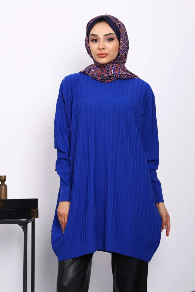 Saks Mavi Merserize Fitilli Salaş Tunik