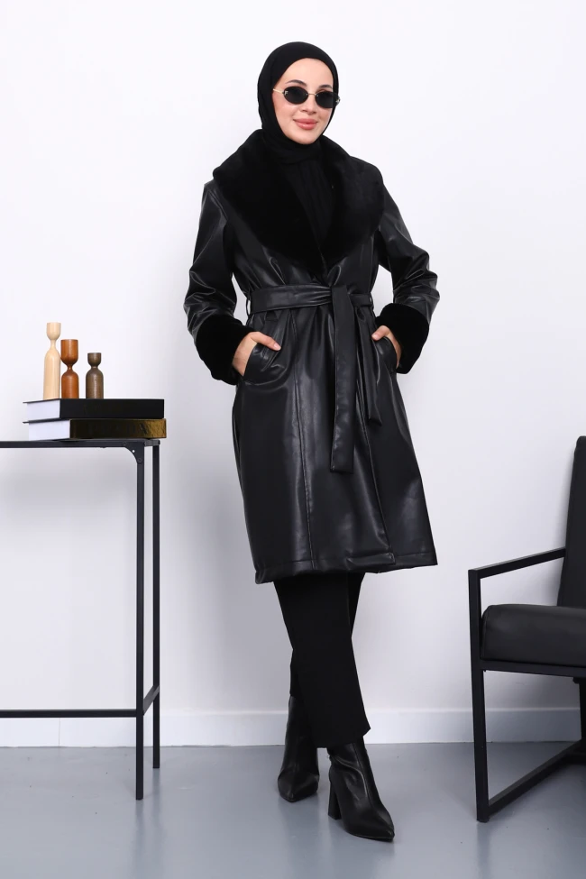Siyah Kol Yaka Kürklü Deri Kaban