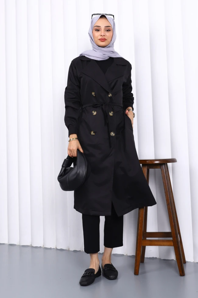 Siyah Kruvaze Yaka Düğmeli Trençkot