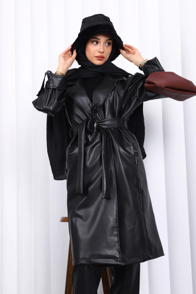 Siyah Kruvaze Yaka Kemerli Deri Trençkot