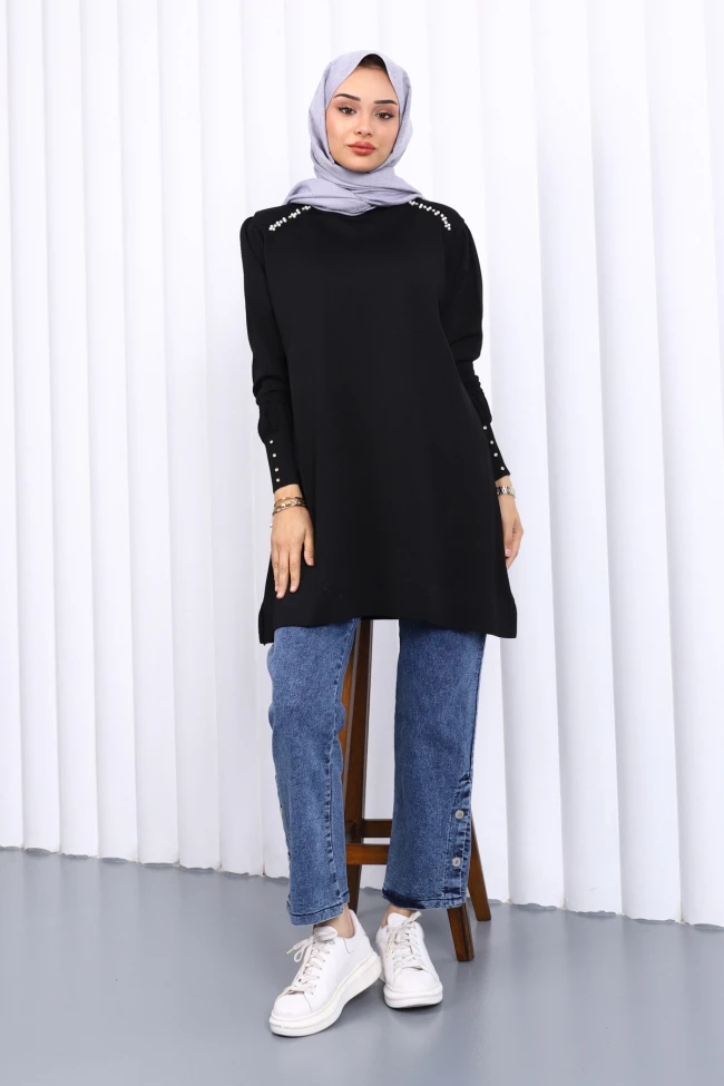 Siyah Omuz Taşlı Soguk İplik Triko Tunik