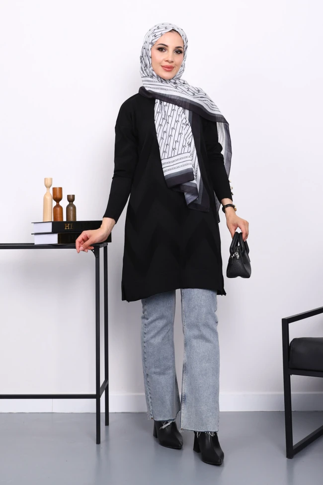 Siyah Soğuk İplik Bisiklet Yaka Triko Tunik