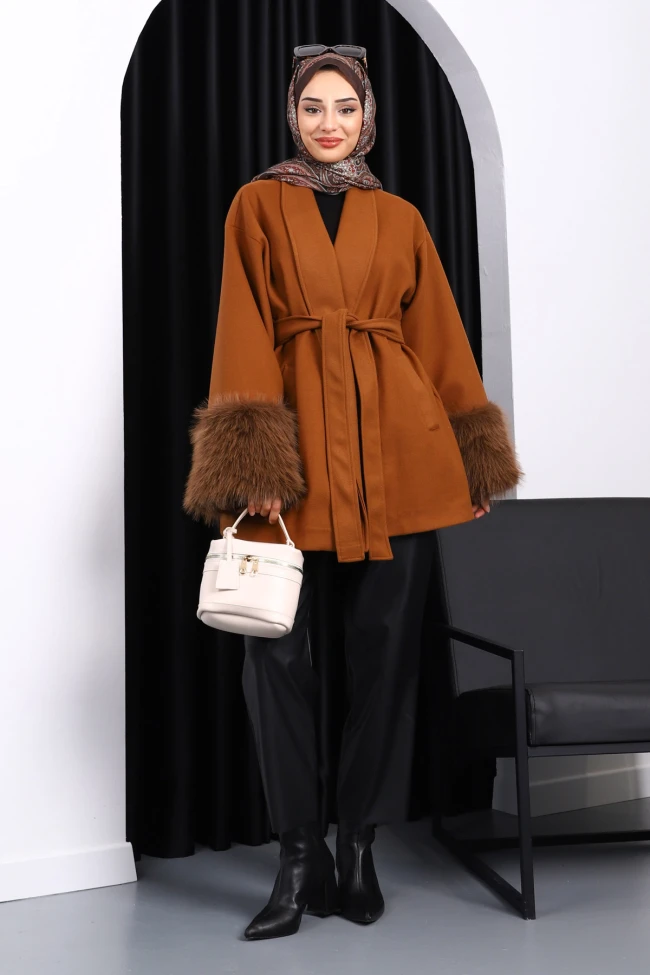 Taba Bel Kuşaklı Çift Cepli Kaşe Kaban