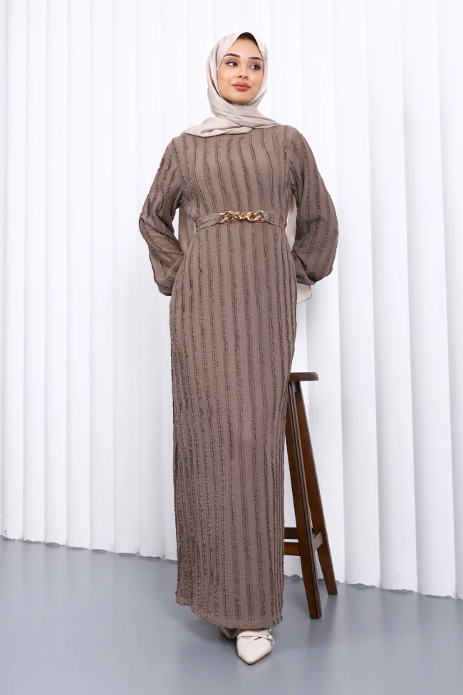 Vizon Beli Kemerli Fırfır Detaylı Gofre Elbise