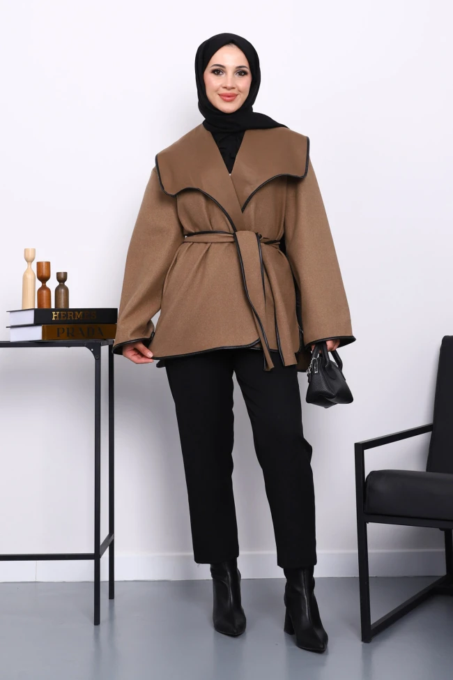 Vizon Deri Biyeli Şal Yaka Kaşe Kaban