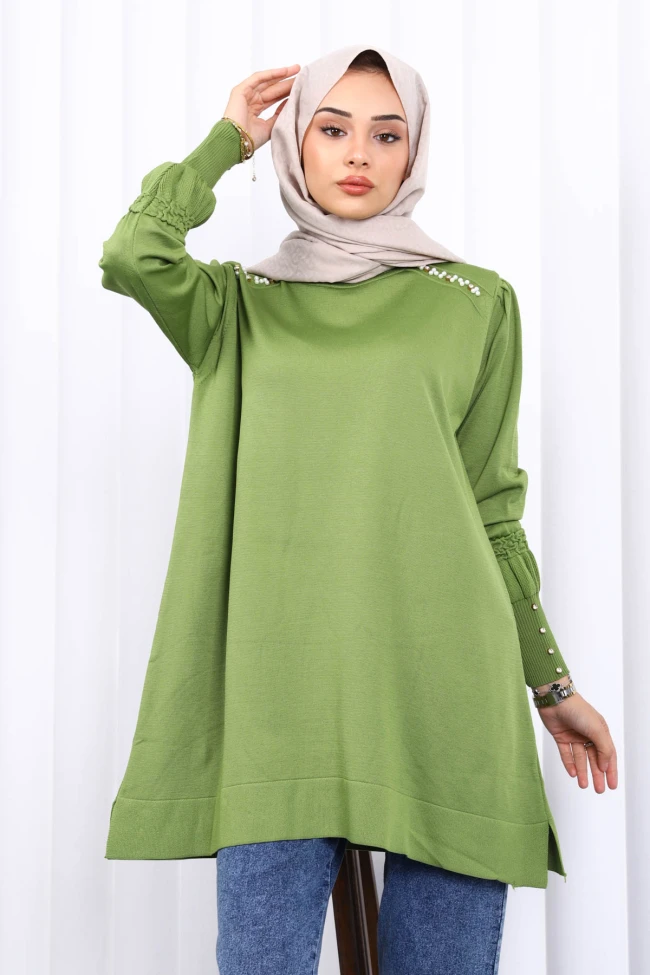Yağ Yeşili Omuz Taşlı Soguk İplik Triko Tunik