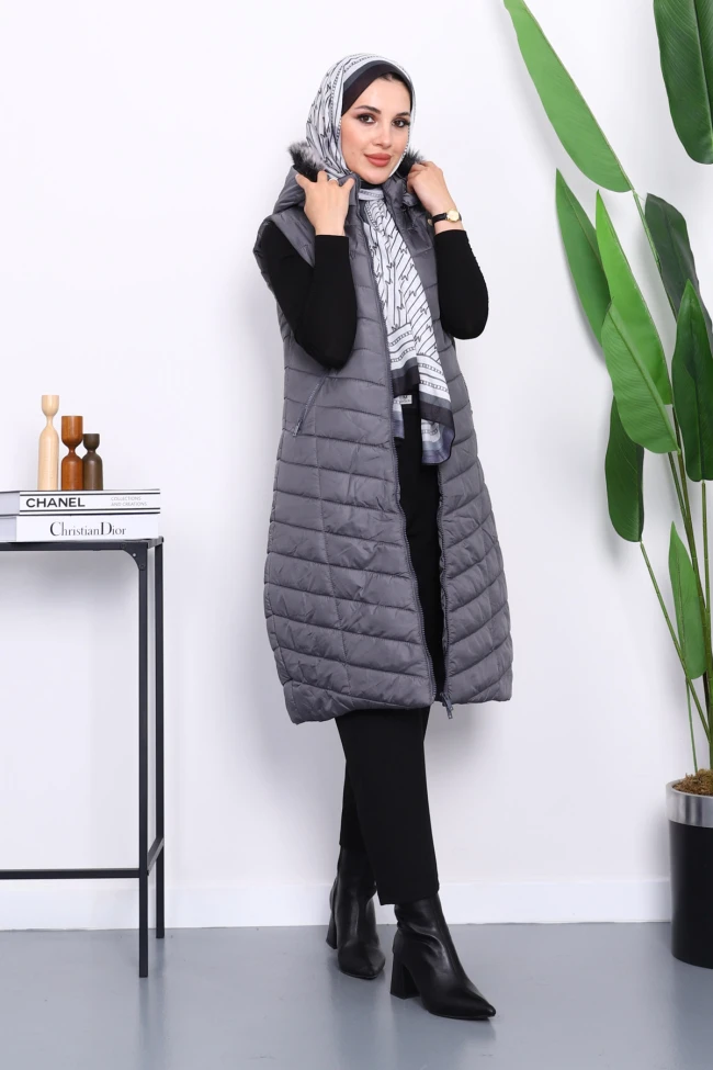 Antrasit Kapüşonlu Uzun Şişme Yelek