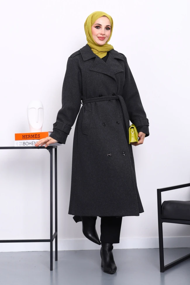 Antrasit Kruvaze Yaka Kuşaklı Kaşe Kaban