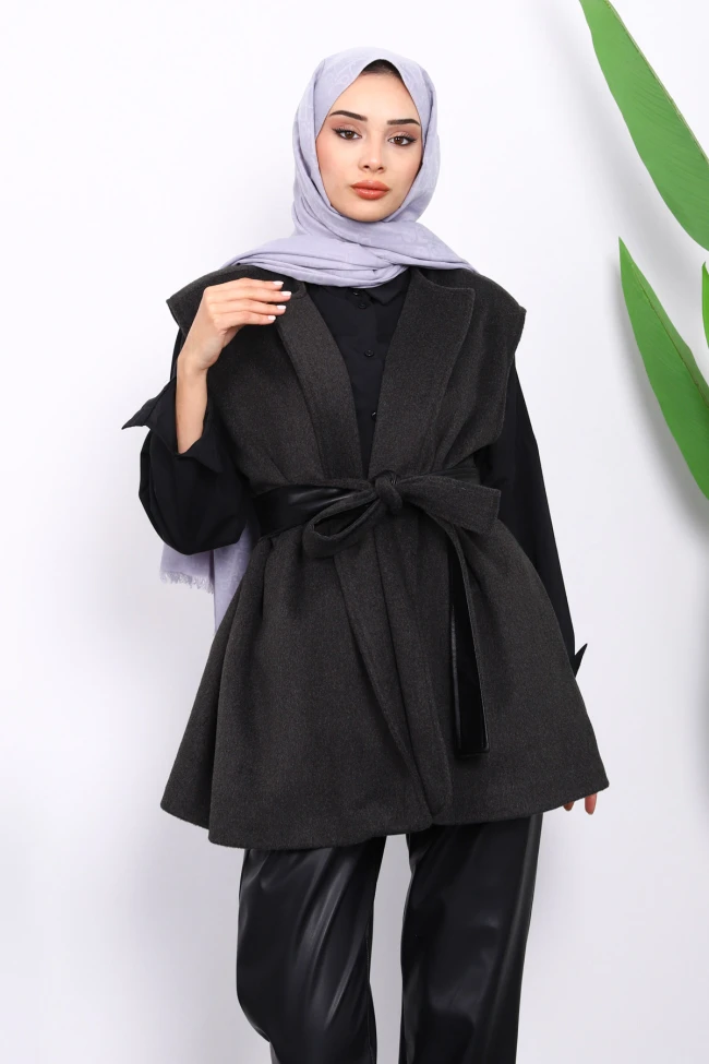 Antrasit Kuşaklı Çift Cepli Kaşe Yelek