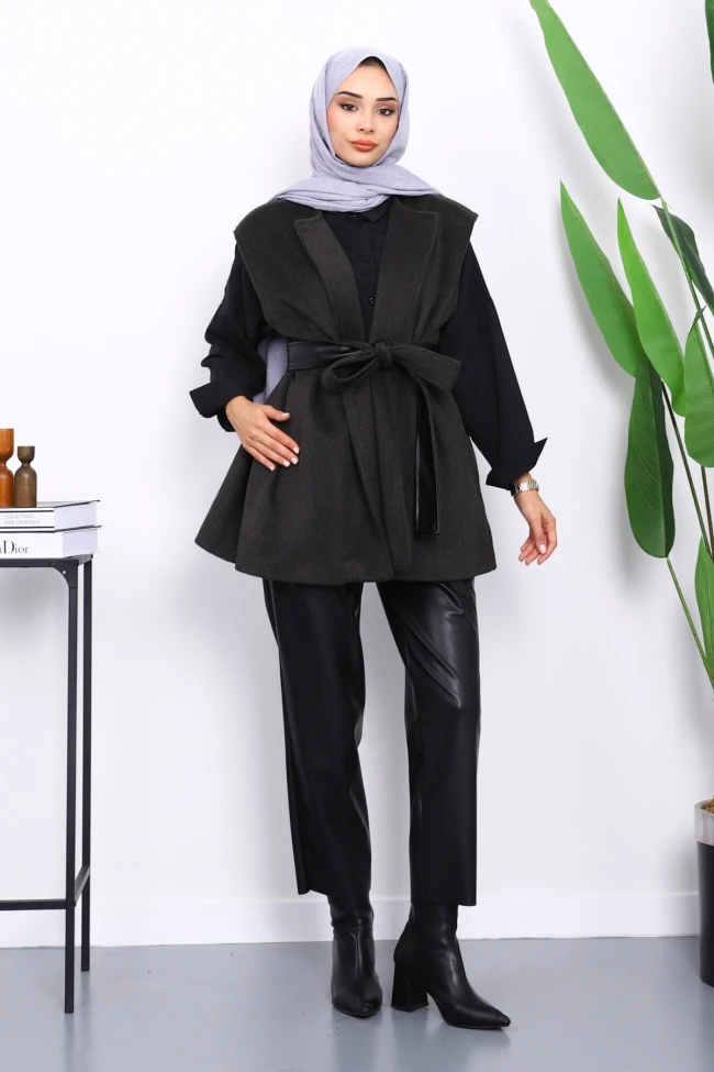 Antrasit Kuşaklı Çift Cepli Kaşe Yelek