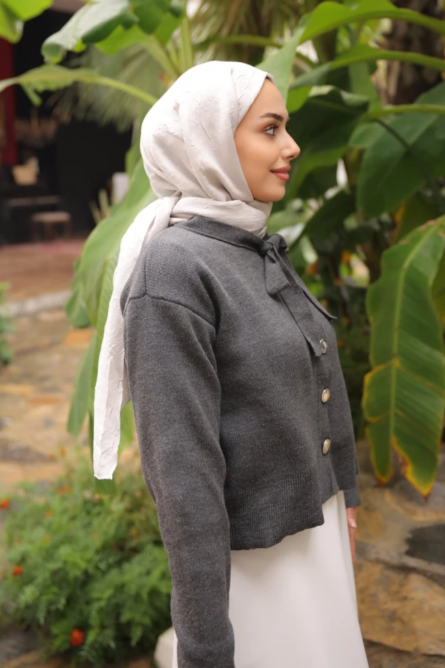 Antrasit Yaka Bağlamalı Düğmeli Triko Hırka