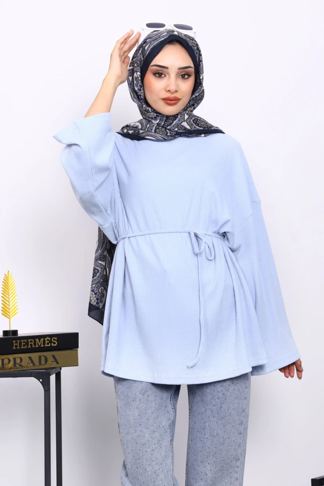 Bebe Mavi Bisiklet Yaka Bel Kuşaklı Tunik