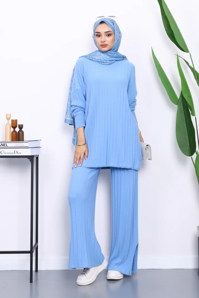 Bebe Mavi Fitilli Yumoş Tunik Pantolonlu Takım