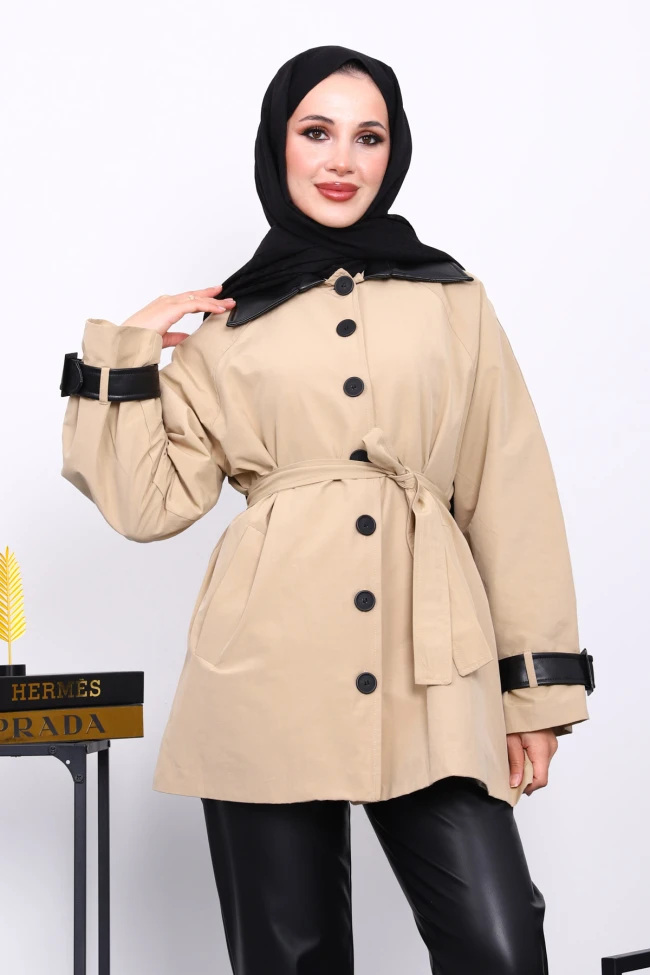 Bej Deri Detaylı Kuşaklı Trençkot
