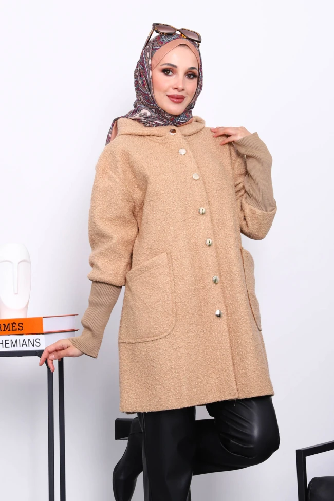 Bisküvi Kapşonlu Buklet Kaban