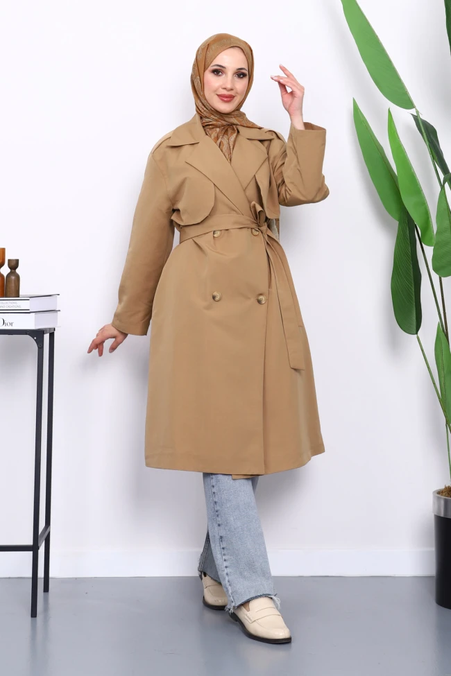 Bisküvi Kravuze Yaka Kuşaklı  Cepli Trençkot