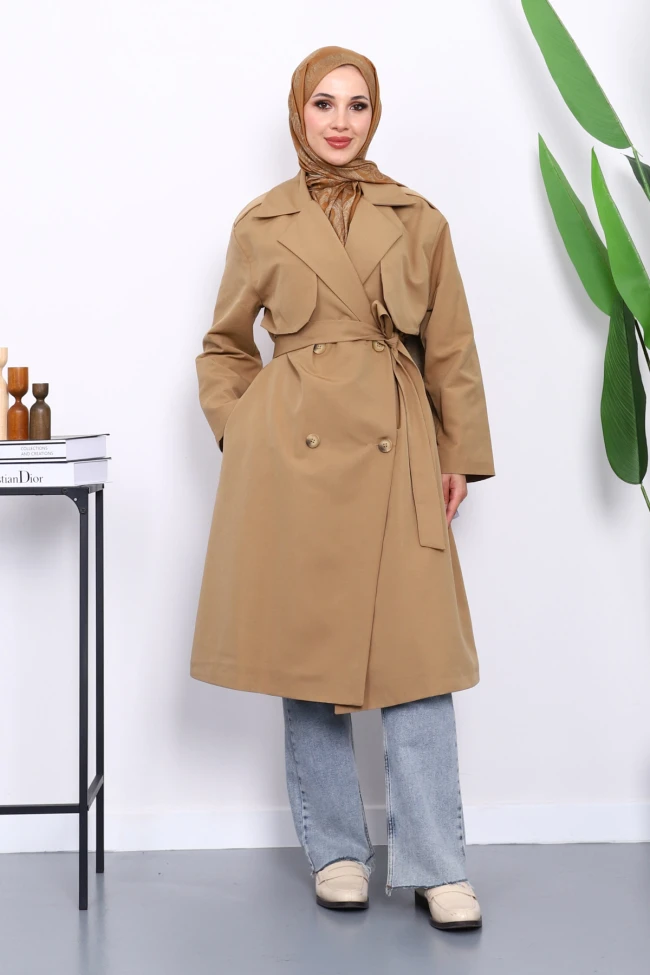 Bisküvi Kravuze Yaka Kuşaklı  Cepli Trençkot