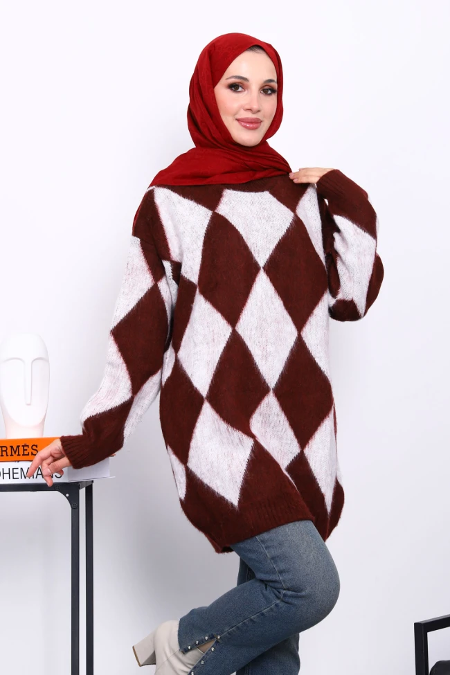 Bordo Baklava Desenli Triko Kazak