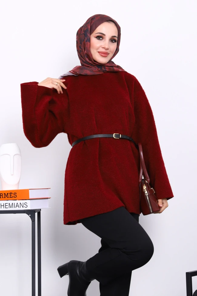 Bordo Bel Kemerli Angora Tunik