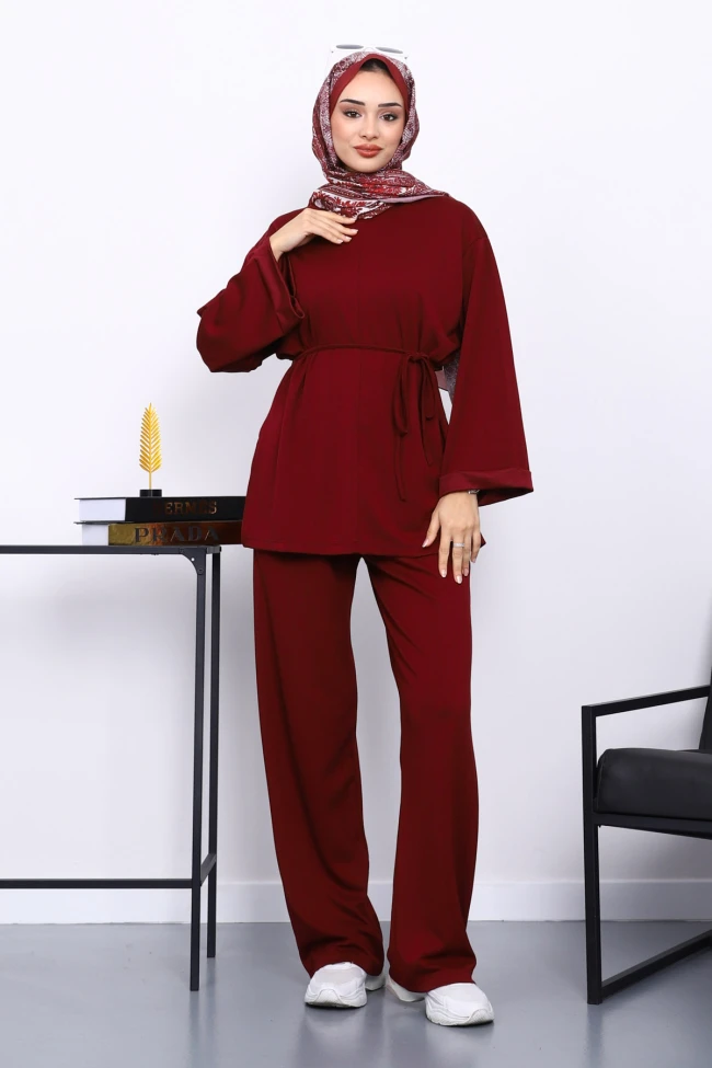 Bordo Belden Bağlamalı Pantolon Cepli Modal Takım