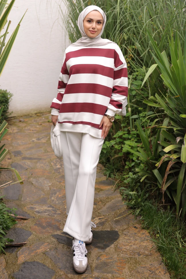 Bordo Bisiklet Yaka Üç İplik Sweat