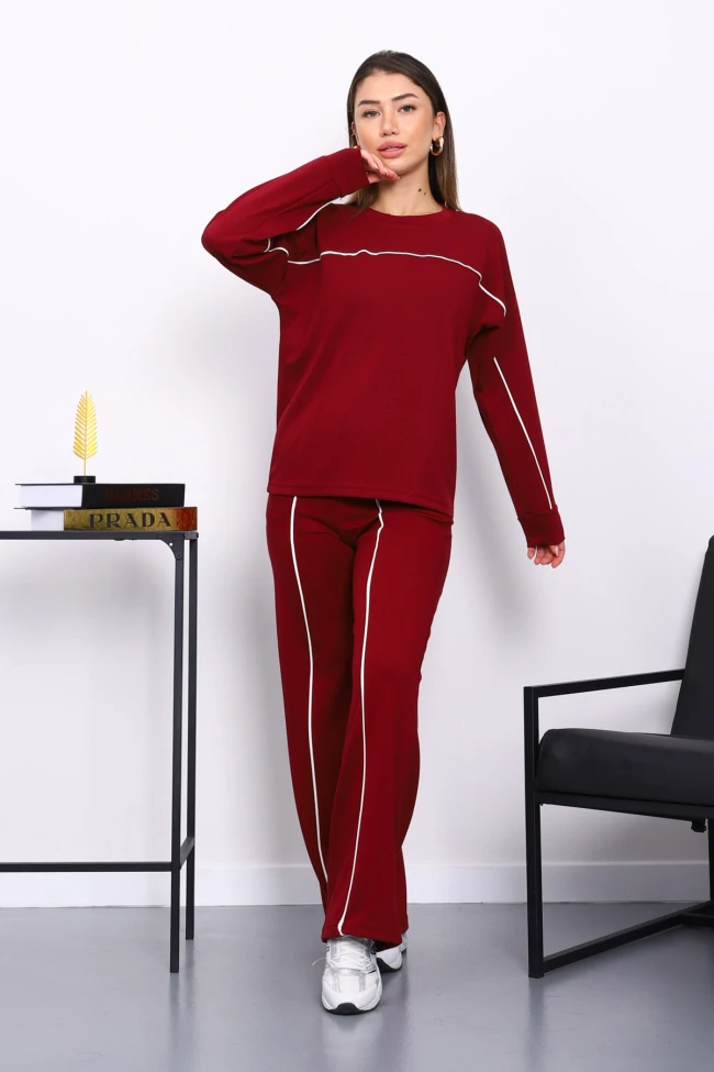 Bordo Biye Detaylı Sweat Pantolonlu Takım