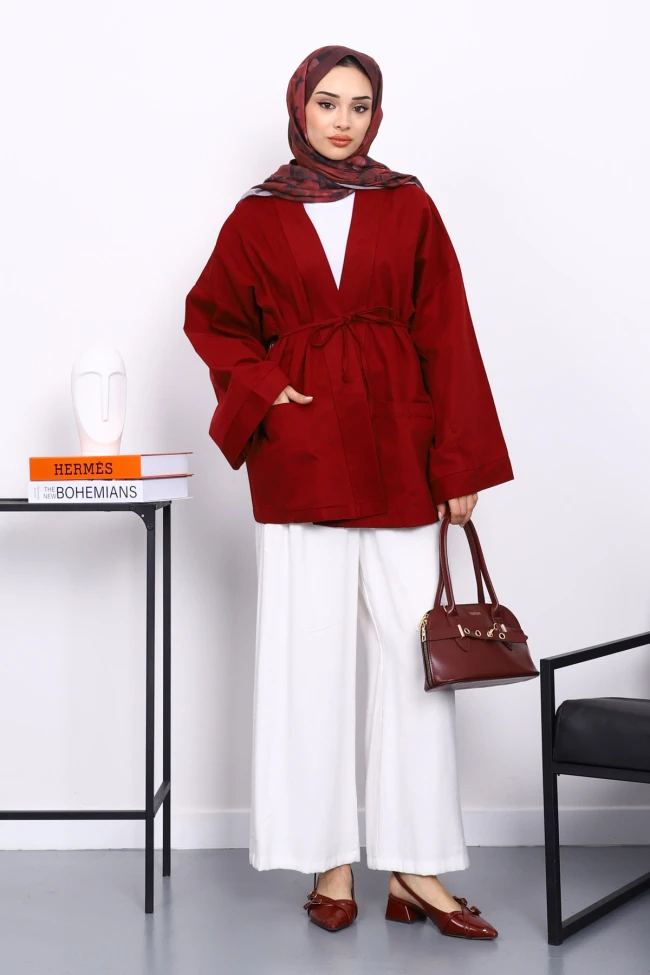 Bordo Cepli İp Detaylı Kanvas Ceket