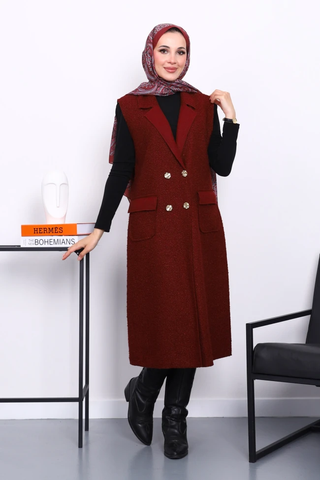 Bordo Düğmeli Uzun Buklet Yelek