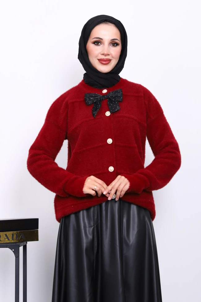Bordo Fiyonk Detaylı Angora Yumoş Triko Hırka