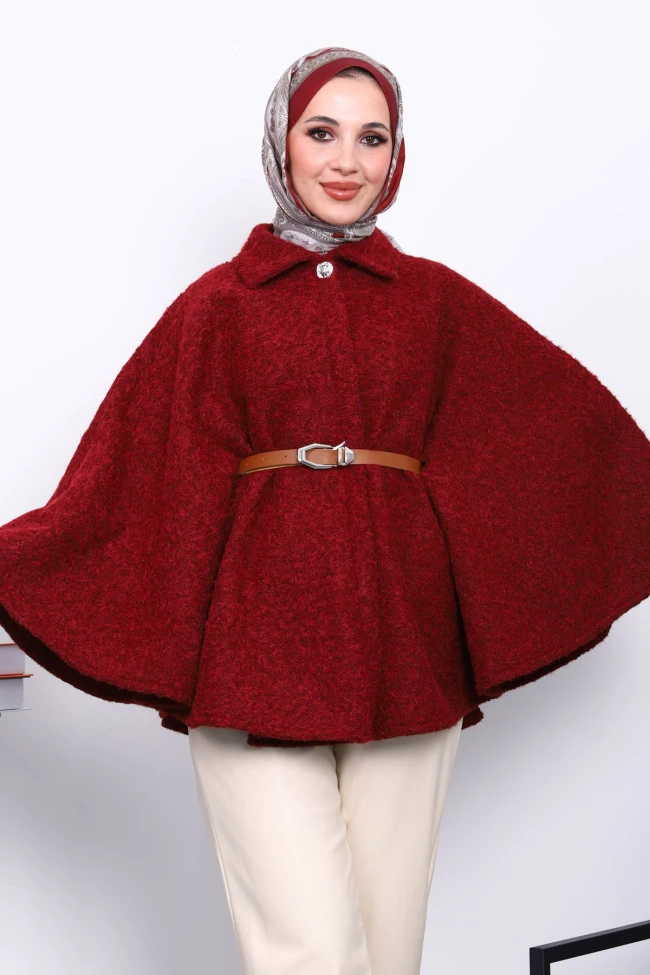 Bordo Kemerli Kaşe Panço