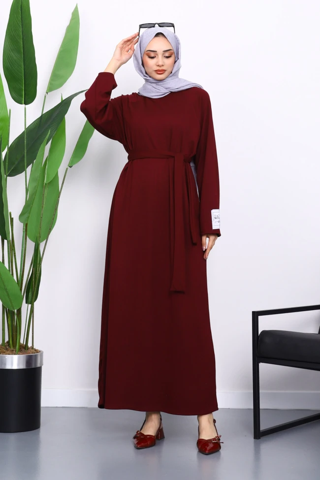 Bordo Kolu Armalı Reglan Kol Basic Modal Kuşaklı Elbise