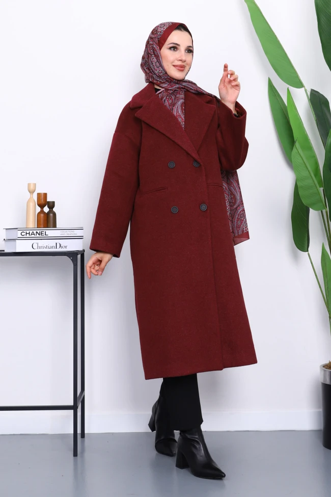 Bordo Kruvaze Yaka Astarlı Kaşe Kaban