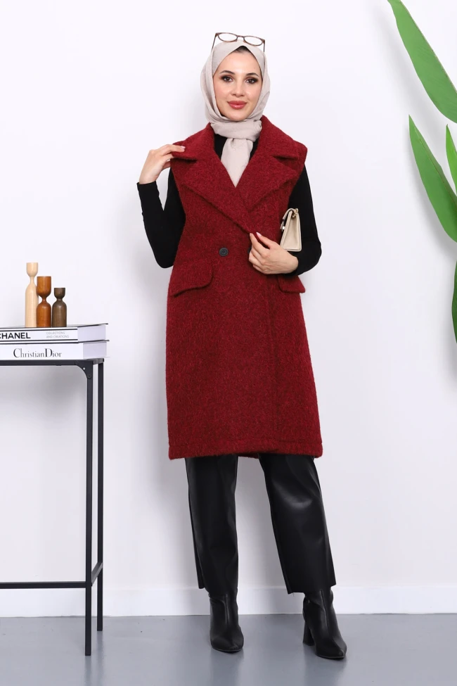 Bordo Kruvaze Yaka Astarlı Kaşe Yelek