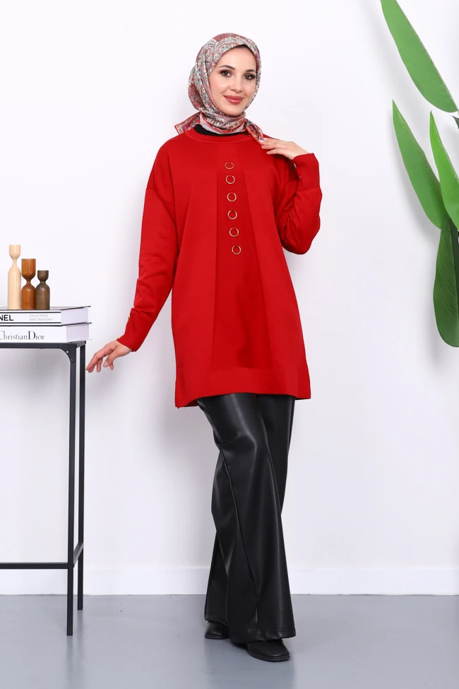 Bordo Ön Detaylı Soğuk İplik Triko Tunik