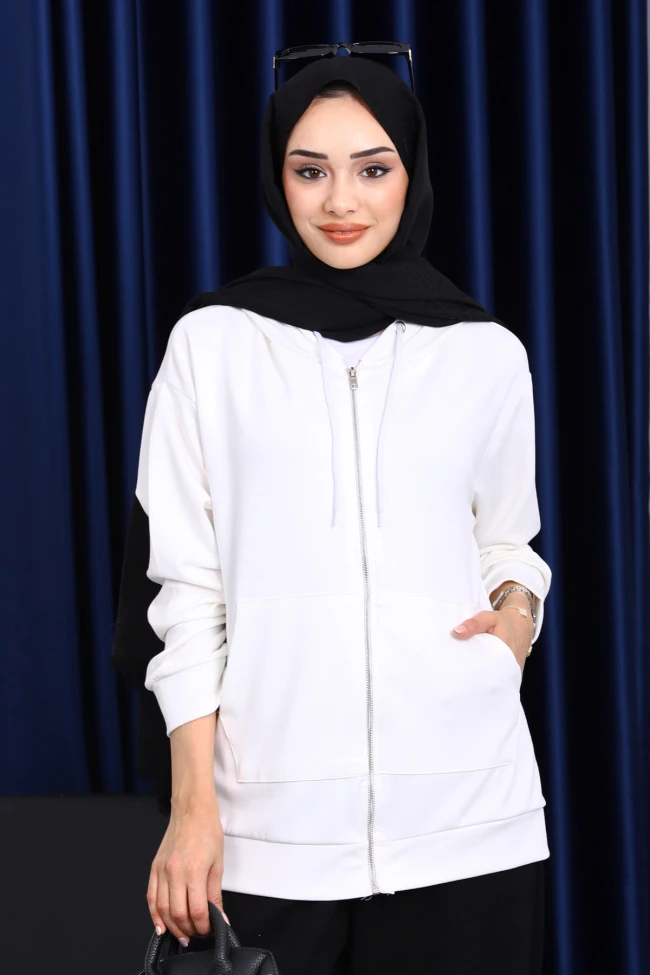 Ekru Kapşonlu Fermuarlı Modal Sweat Hırka