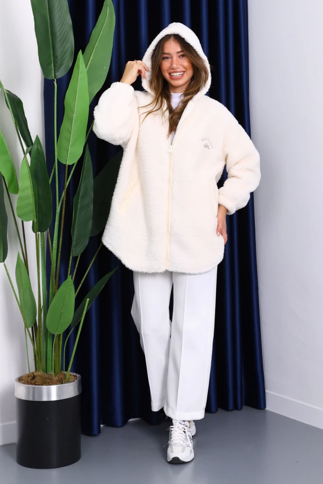 Ekru Kapşonlu Peluş Mont