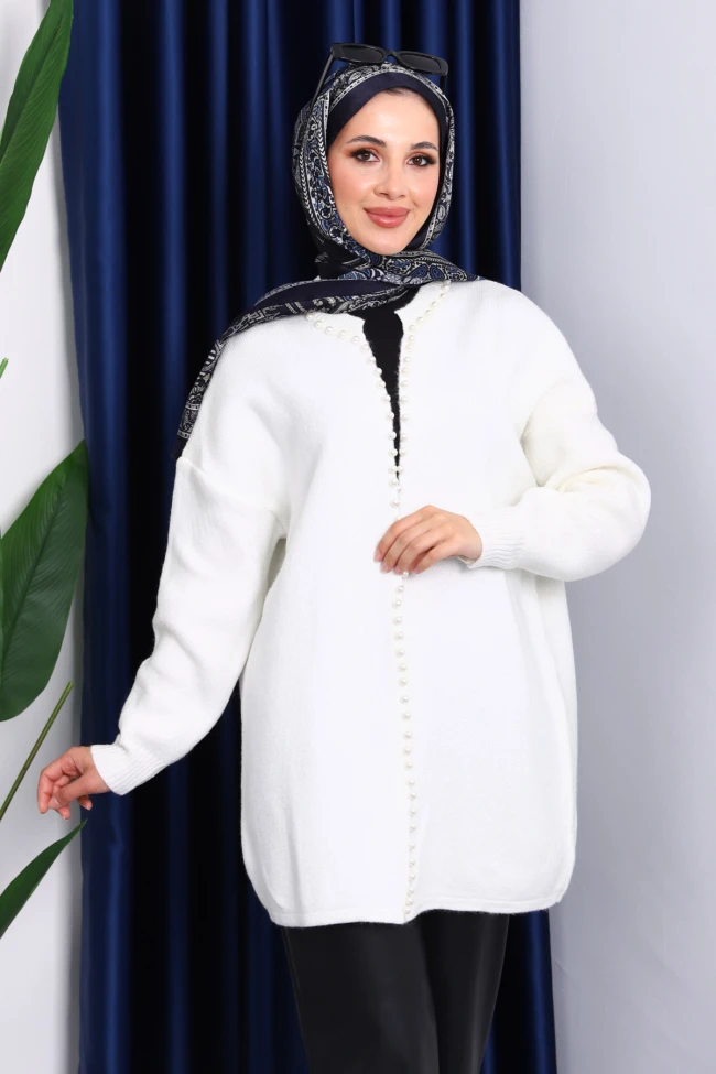 Ekru Yumoş Triko İncili Hırka