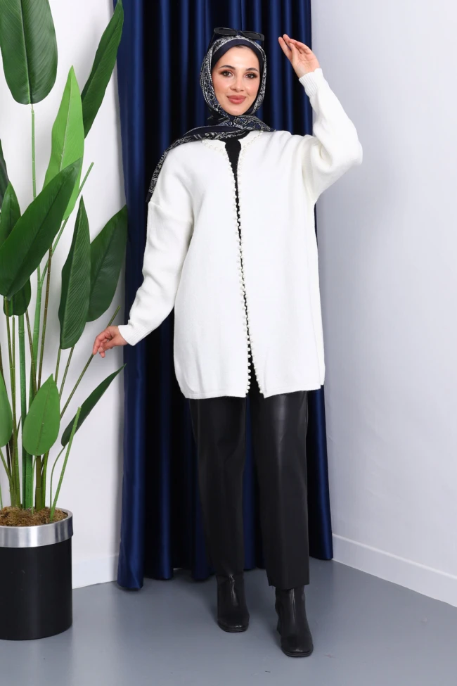 Ekru Yumoş Triko İncili Hırka