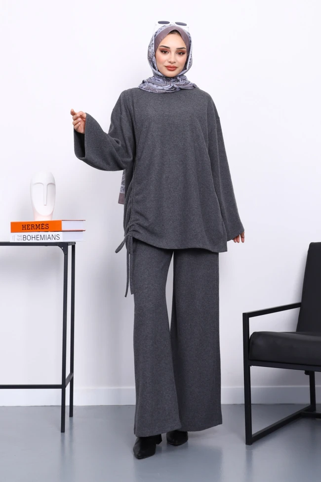 Füme Büzgü Detaylı Fitilli Tunik Pantolonlu Takım