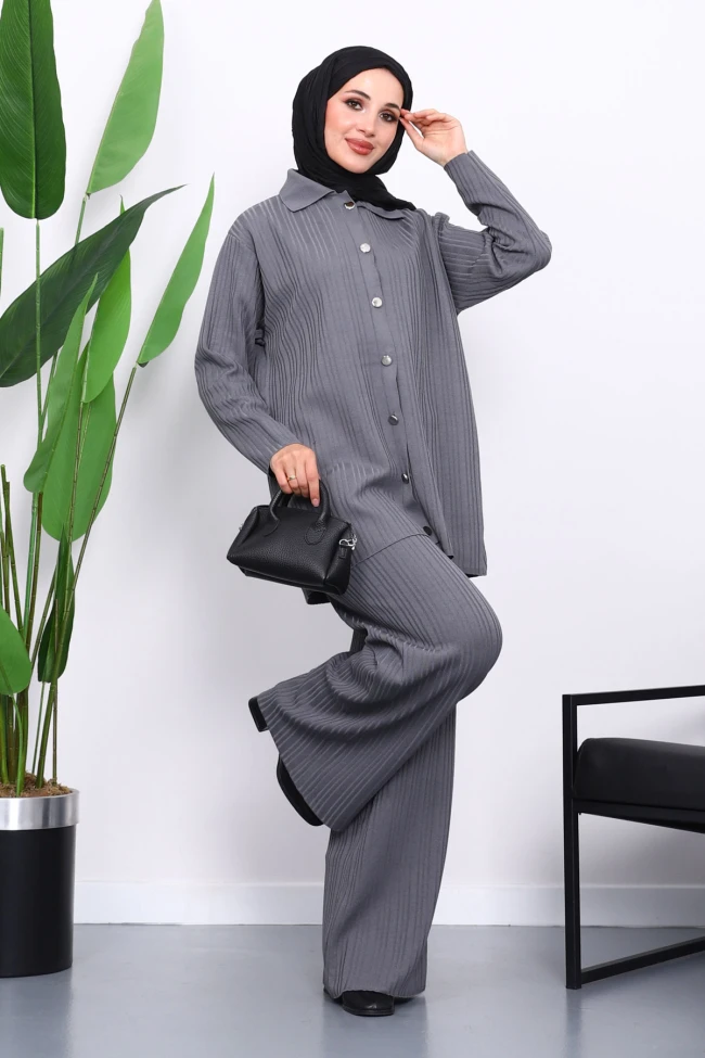 Füme Gömlek Yaka Düğmeli Pantolonlu Triko Takım