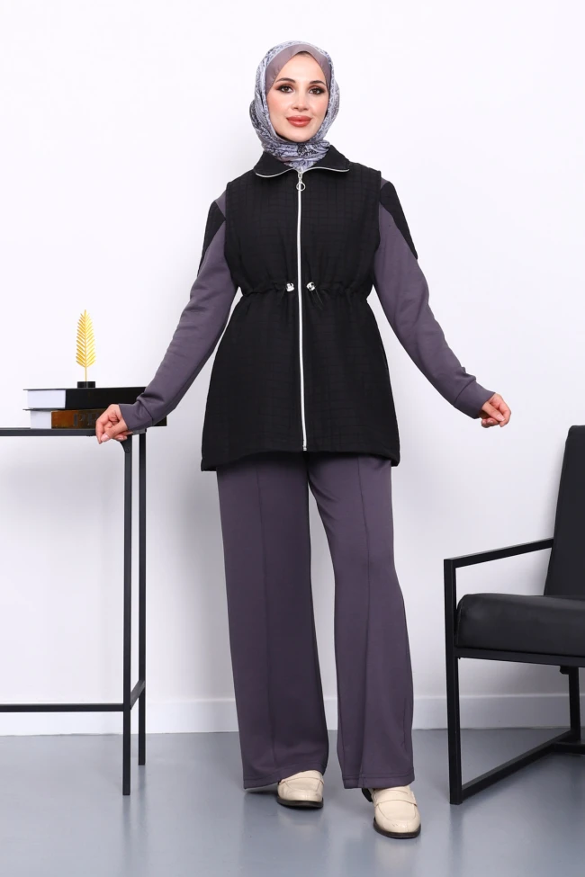 Füme Kapitone Yelekli Tunik Pantolonlu Takım