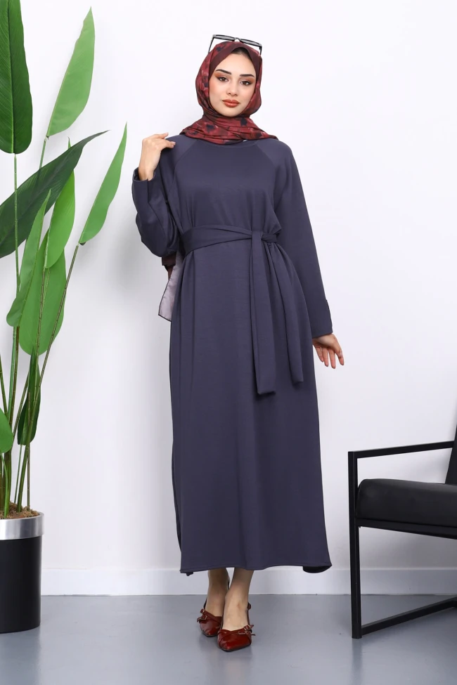 Füme Kolu Armalı Reglan Kol Basic Modal Kuşaklı Elbise