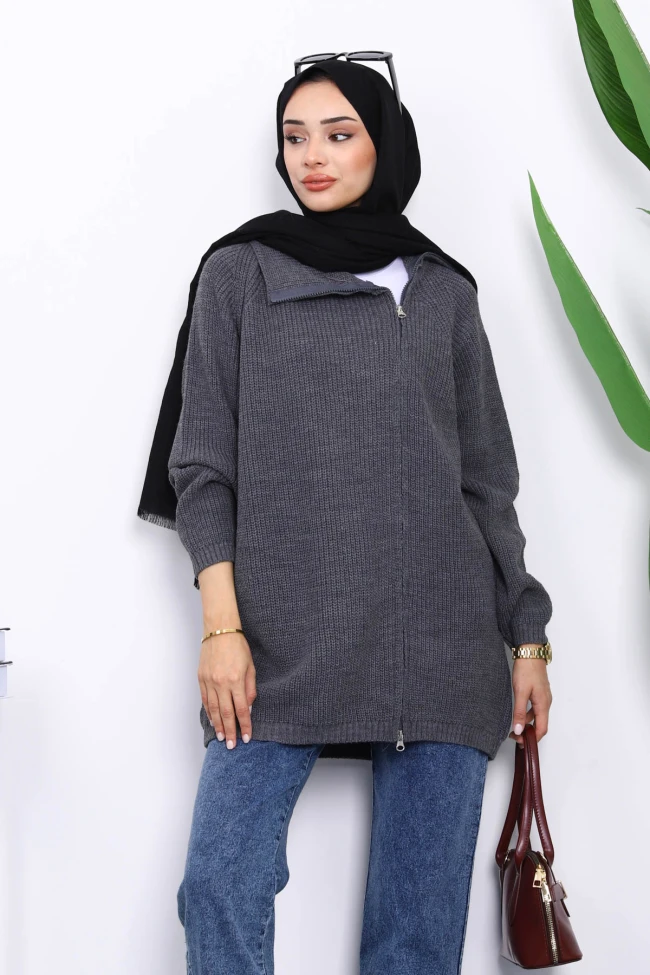 Füme Selanik Örgülü Fermuarlı Triko Hırka