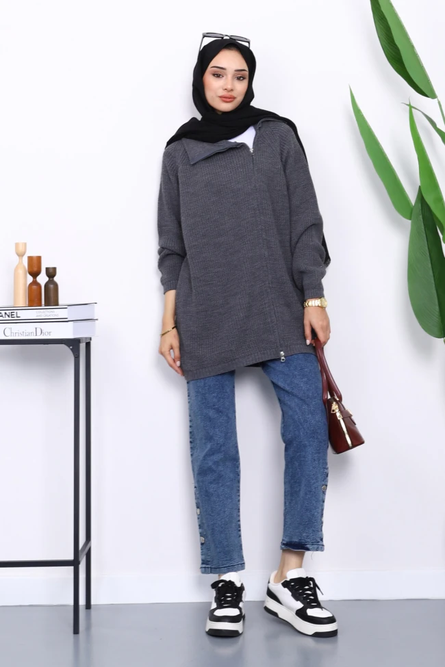 Füme Selanik Örgülü Fermuarlı Triko Hırka