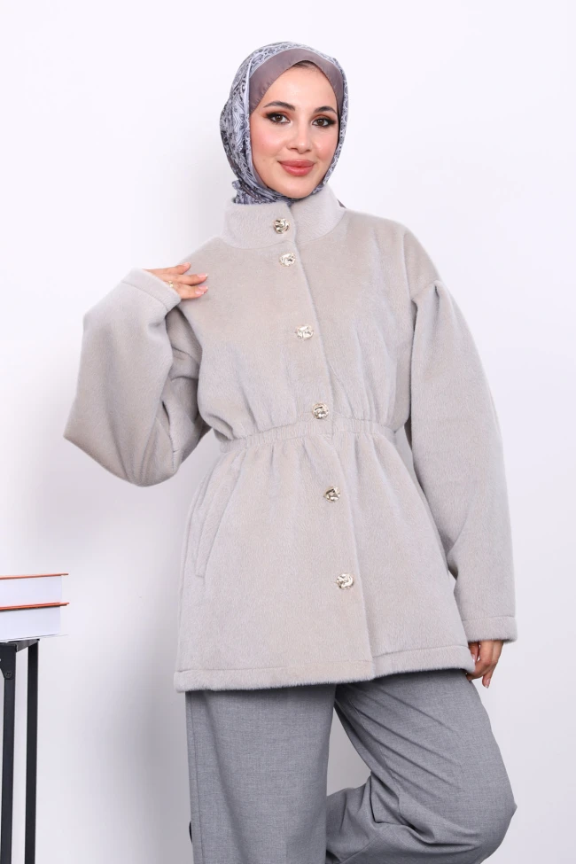 Gri Bel Lastikli Düğmeli Kaşe Kaban