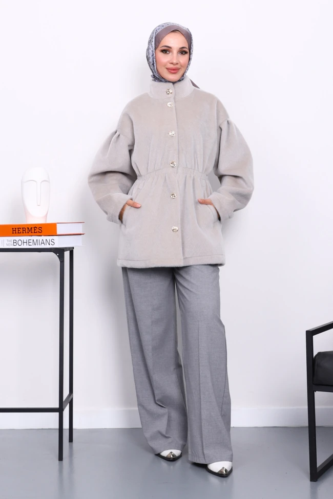 Gri Bel Lastikli Düğmeli Kaşe Kaban